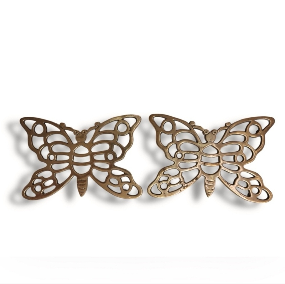 VINTAGE Brass Butterfly Standing Trivets Set of Two